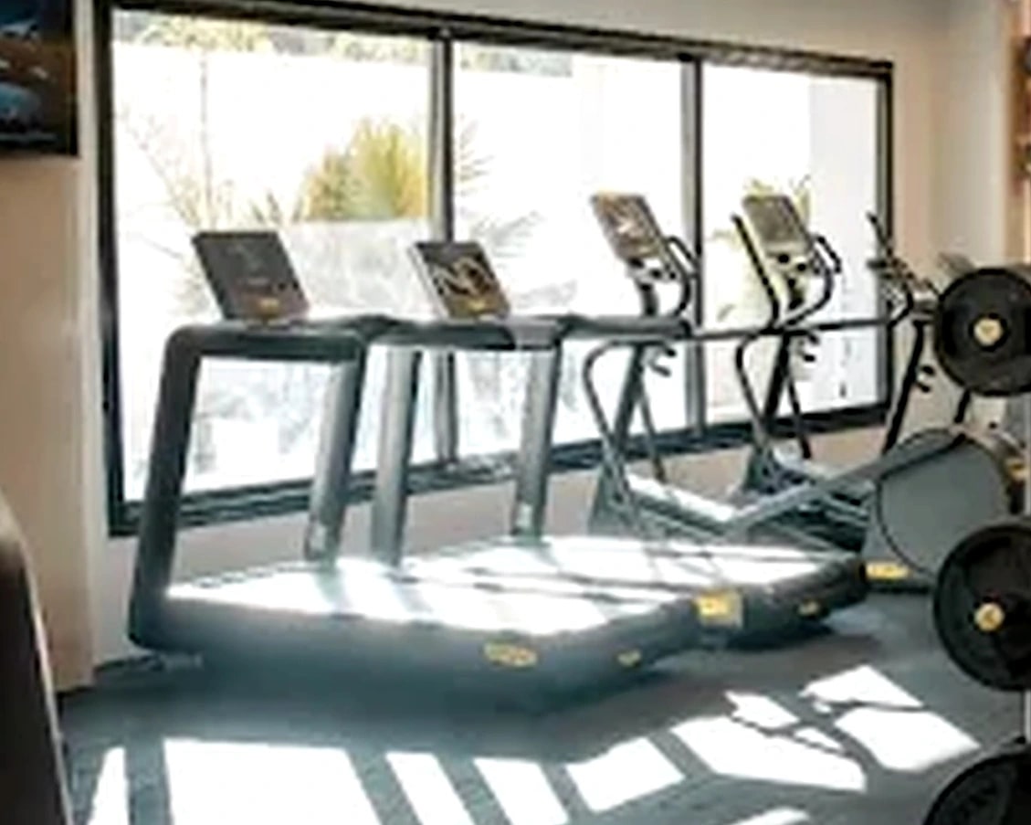 Morning light falling across the treadmills and the floor of the training room.